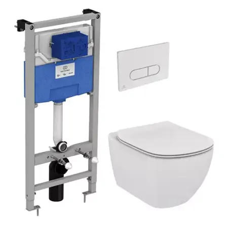 Set rezervor WC Ideal Standard ProSys si clapeta crom plus vas WC Tesi Aquablade cu capac soft close [1]