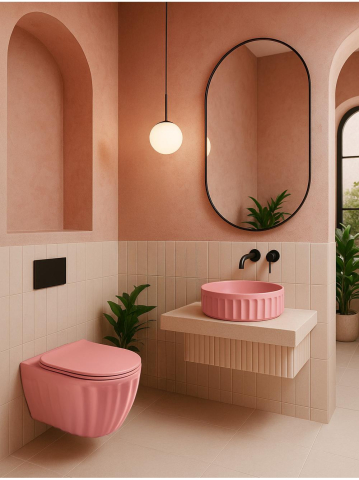 Set: Vas de toaletă suspendat + Lavoar pe blat Rea Light roz mat [3]