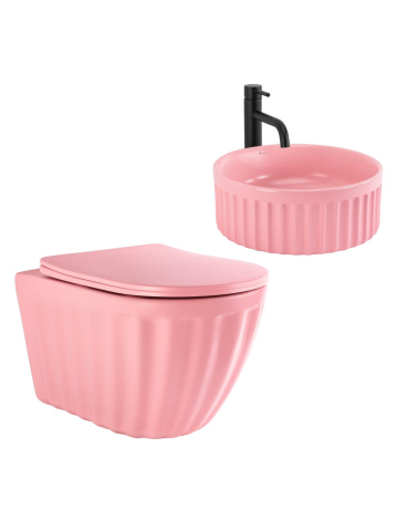 Set: Vas de toaletă suspendat + Lavoar pe blat Rea Light roz mat [1]