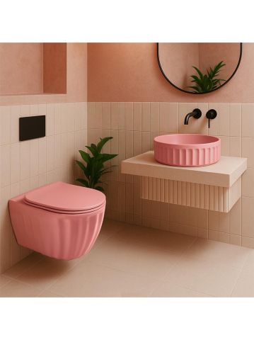 Obiecte Sanitare - Set: Vas de toaletă suspendat + Lavoar pe blat Rea Light roz mat