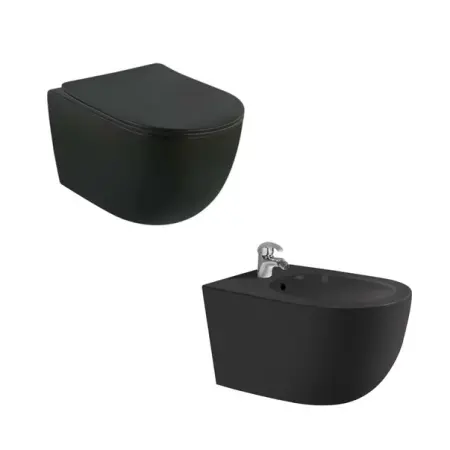 Vase wc - Set vas wc rimless cu capac softclose si bideu Fluminia Minerva negru mat