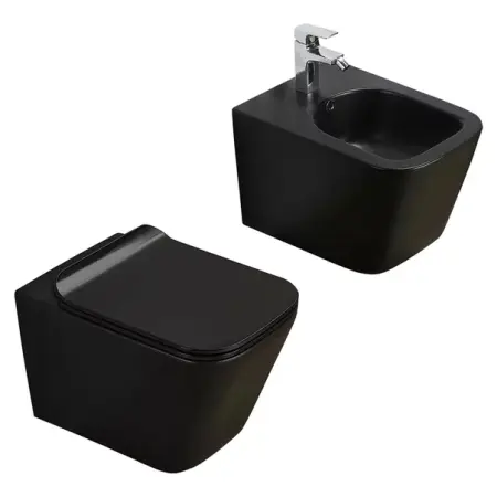 Vase wc suspendate - Set vas wc rimless suspendat Fluminia Paris cu capac softclose negru mat + bideu suspendat Fluminia Paris negru mat