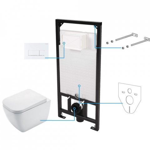 Obiecte Sanitare - Set vas wc suspendat cu capac Deante Hiacynt New rimless, rezervor incastrat si clapeta actionare Slim alb