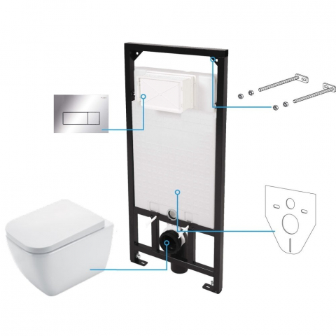 Obiecte Sanitare - Set vas wc suspendat cu capac Deante Hiacynt New rimless, rezervor incastrat si clapeta actionare Slim crom