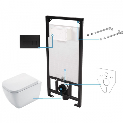 Obiecte Sanitare - Set vas wc suspendat cu capac Deante Hiacynt New rimless, rezervor incastrat si clapeta actionare Slim negru