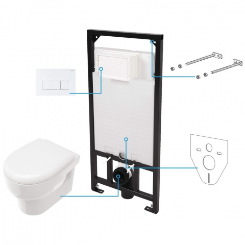 Obiecte Sanitare - Set Vas WC suspendat cu rezervor incastrat, capac soft close si clapeta de actionare alba Deante Avis Rimless 35x50 cm evacuare orizontala