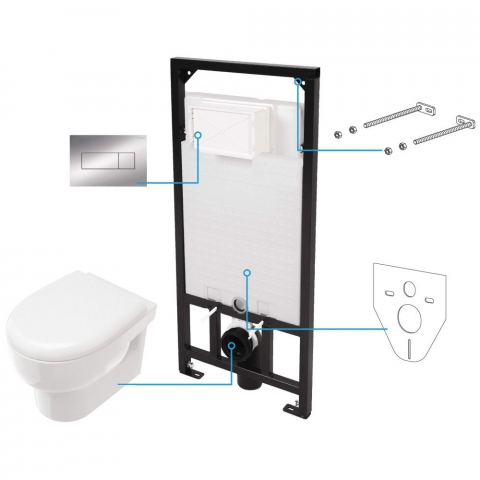 Obiecte Sanitare - Set Vas WC suspendat cu rezervor incastrat, capac soft close si clapeta de actionare crom Deante Avis Rimless 35x50 cm evacuare orizontala