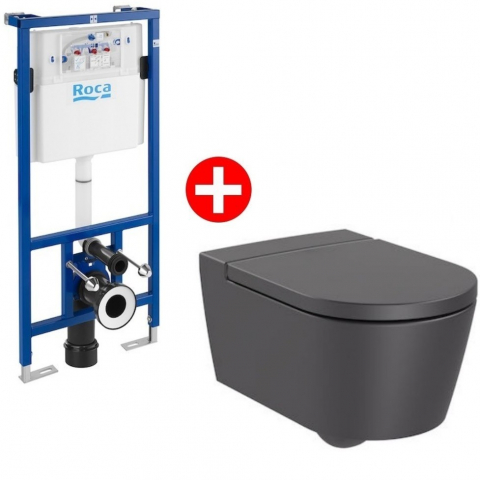 Obiecte Sanitare - Set Vas WC suspendat cu rezervor incastrat si capac soft-close Roca Inspira Round Rimless 37x56 cm evacuare orizontala