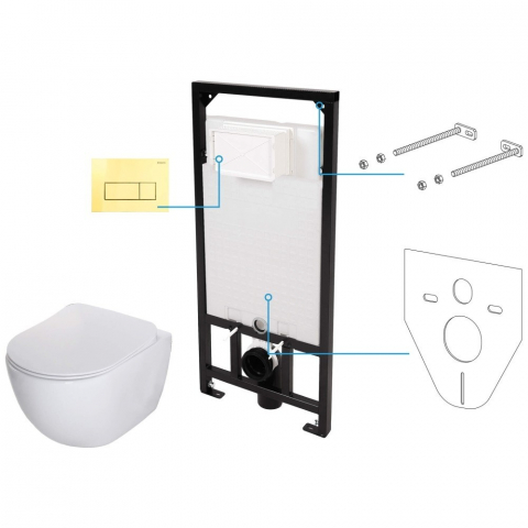 Obiecte Sanitare - Set vas WC suspendat Deante Peonia Zero alb cu cadru de toaleta, rezervor ascuns si buton de actiune auriu