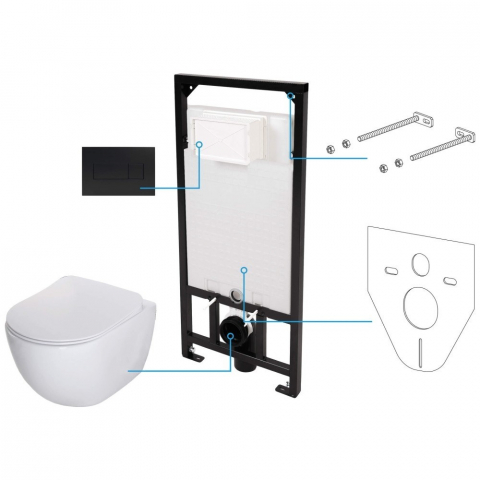 Obiecte Sanitare - Set vas WC suspendat Deante Peonia Zero alb cu cadru de toaleta, rezervor ascuns si buton de actiune negru