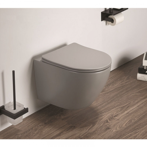 Vase wc - Set vas WC suspendat, Fluminia, Alfonzo, cu capac quick release si soft close, gri mat