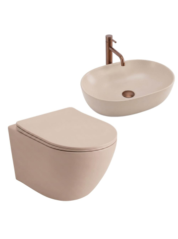 Obiecte Sanitare - Set Vas WC Suspendat Rea Focus Taupe Mat Rimless Tornado 485x360x320 mm cu Lavoar pe Blat
