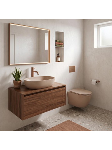 Set Vas WC Suspendat Rea Focus Taupe Mat Rimless Tornado 485x360x320 mm cu Lavoar pe Blat [1]