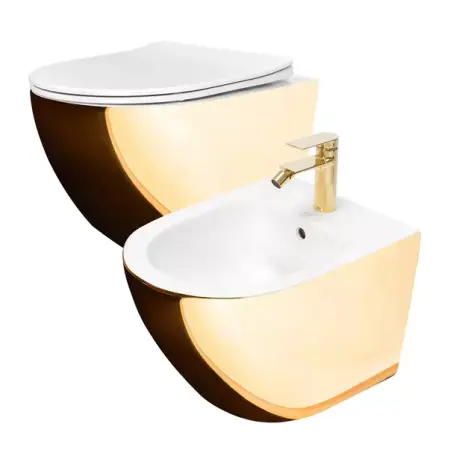 Bideuri suspendate - Set vas WC suspendat Rea Carlo auriu cu capac softclose alb si bideu alb
