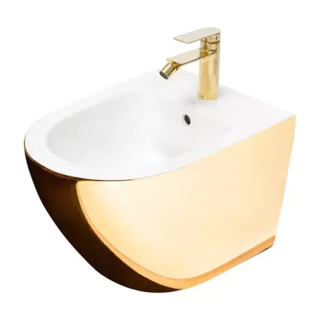 Set vas WC suspendat Rea Carlo auriu cu capac softclose alb si bideu alb [5]
