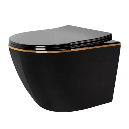 Vase wc - Set vas WC suspendat Rea Carlo Mini negru - auriu lucios cu capac softclose