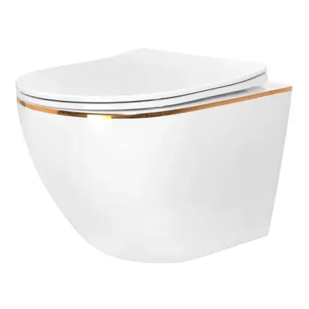 Obiecte Sanitare - Set vas WC suspendat Rea Carlo rimless alb - auriu cu capac softclose