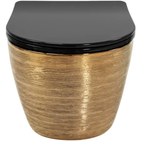 Obiecte Sanitare - Set vas wc suspendat Rea Carlo rimless auriu periat cu capac softclose negru