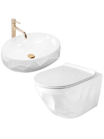 Obiecte Sanitare - Set vas WC suspendat REA Gustavo Rimless lavoar pe blat Maya alb lucios ceramica sanitara