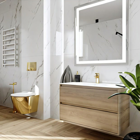 Set WC suspendat Spectrum, Trendi Slim Gold White, rimless, cu capac, 36.5 x 49 cm, auriu-alb [2]