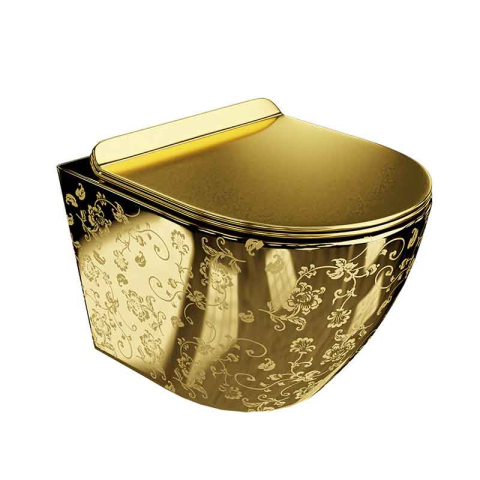 Vase wc - Set WC suspendat Spectrum, Trendi Slim, rimless, cu capac soft close, auriu cu model floral