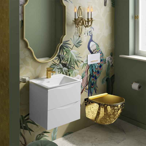 Set WC suspendat Spectrum, Trendi Slim, rimless, cu capac soft close, auriu cu model floral [1]