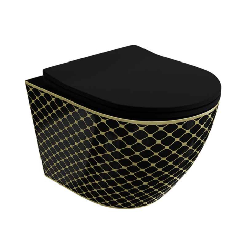 Vase wc - Set WC suspendat Spectrum, Trendi Slim, rimless, cu capac soft close, negru-auriu