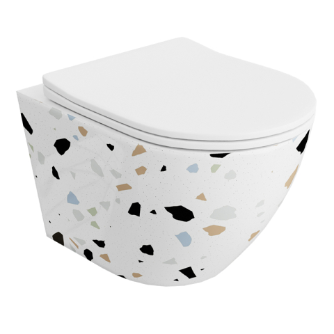 Vase wc - Set wc suspendat Spectrum, Trendi Stone, rimless cu capac inclus, 35.5 x 51.5 cm, alb mozaic