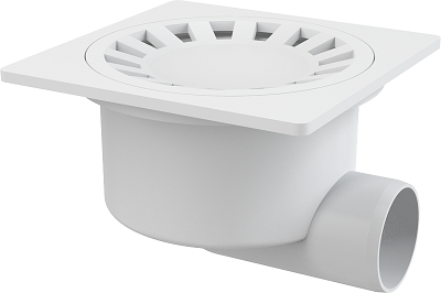 Sifoane pardoseala si terasa - Sifon pardoseală 150×150/50 mm ieşire laterală, grătar de plastic alb, sistem de reţinere a mirosurilor umed APV15