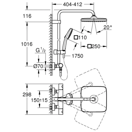 Sistem de dus Grohe 266892431 Tempeste Cube 250, aparent, termostat, 250 mm, 1 functie, negru mat [1]