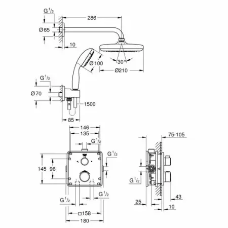 Sistem de dus Grohe Grohtherm Tempesta 210 incastrat cu baterie patrata [1]