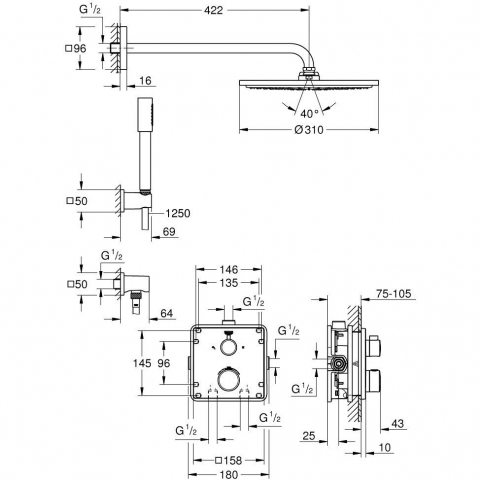 Sistem dus incastrat cu termostat Grohe Grohtherm Cosmopolitan 310, baterie patrata [2]