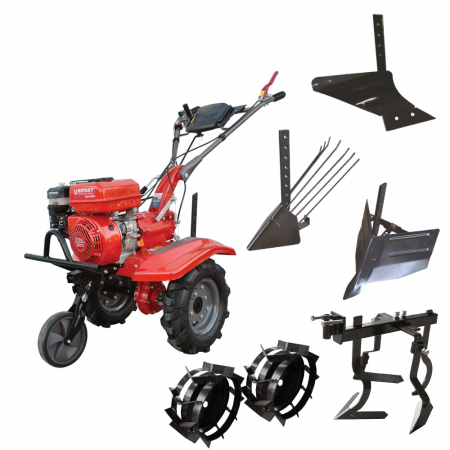 Motosape si motocultoare - Pachet motocultor Rotakt ro100rs, 7 cp, benzina, plug de arat + plug de bilonat + plug de scos cartofi + cultivator + roti metalice 4.00-8