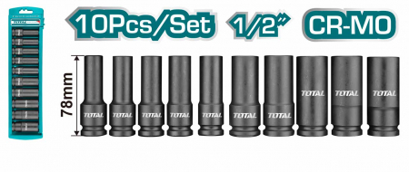 Scule auto-mecanica - TOTAL Set 10 buc tubulare lungi de impact 78mm CrM