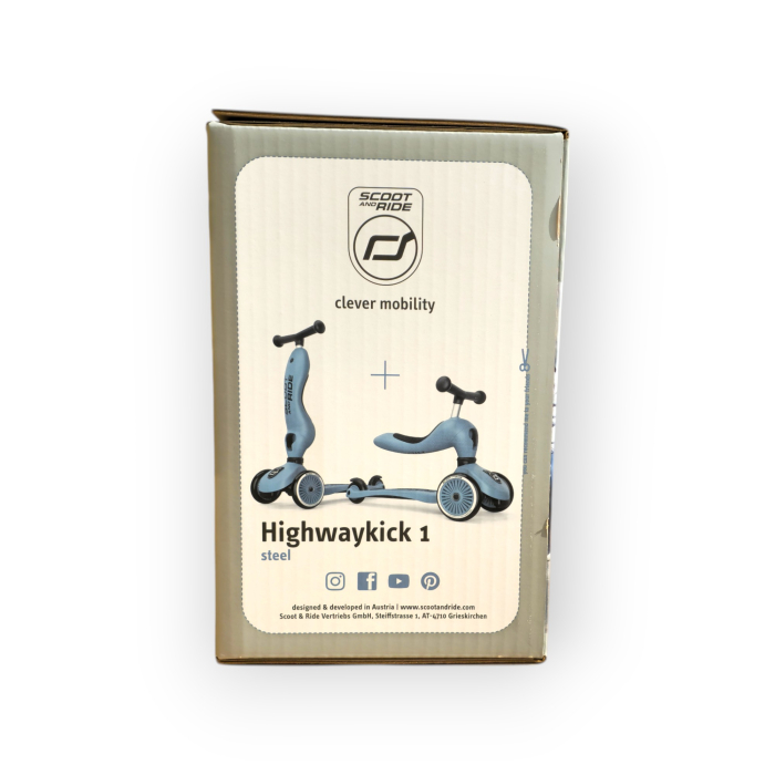 Trotinetă copii 2in1 premium Scoot & Ride HighwayKick 1 Steel, cu șezut, sistem anti-răsturnare, reglabilă 1–5 ani (max. 50 kg) [15]