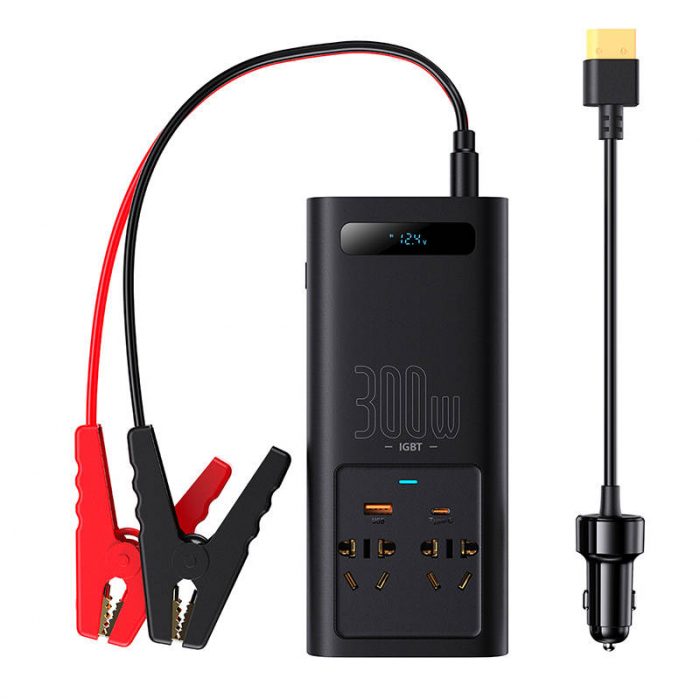 Invertor auto electric de putere BASEUS IGBT 2 X AC, USB-C, USB-A, 300W 220V (CN EU) (negru) CGNB010101 (CN