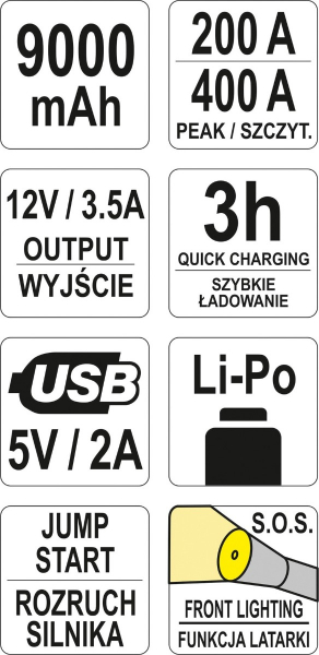 Acumulator extern YATO, pentru pornire/incarcare auto, Li-Po, 9000mAh, cu functie boost [10]