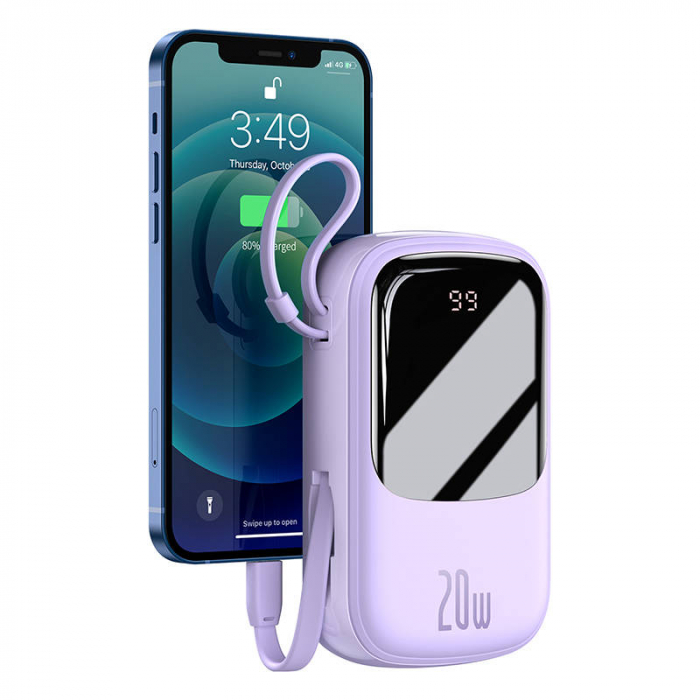 Baterie externa PowerBank cu afișaj digital BASEUS Q 20000mAh, IP, USB, USB-C, 20 W cu cablu IP (mov) PPQD-H05 [2]