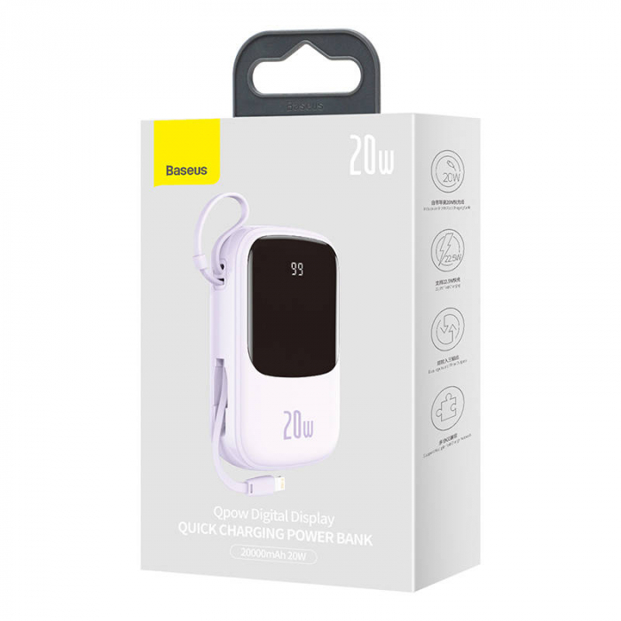 Baterie externa PowerBank cu afișaj digital BASEUS Q 20000mAh, IP, USB, USB-C, 20 W cu cablu IP (mov) PPQD-H05 [7]