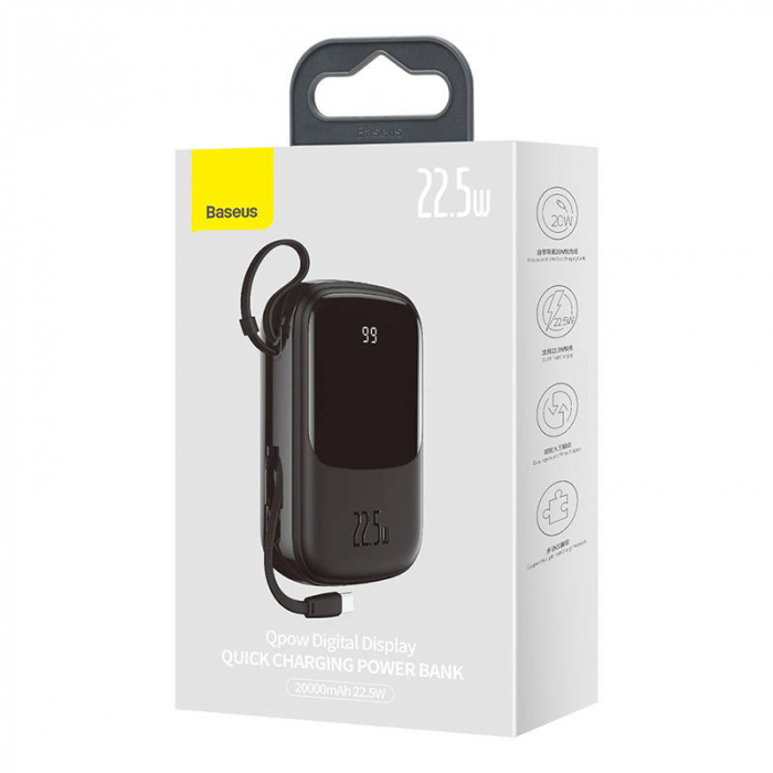 Baterie externa PowerBank cu afișaj digital BASEUS Q 20000mAh, IP, USB, USB-C, 22,5 W cu cablu tip C (negru) PPQD-I01 [7]