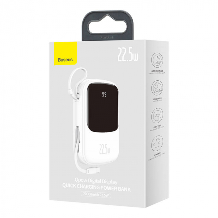 Baterie externa PowerBank cu afișaj digital BASEUS Q 20000mAh, IP, USB, USB-C, 22,5 W cu cablu tip C (alb) PPQD-I02 [6]