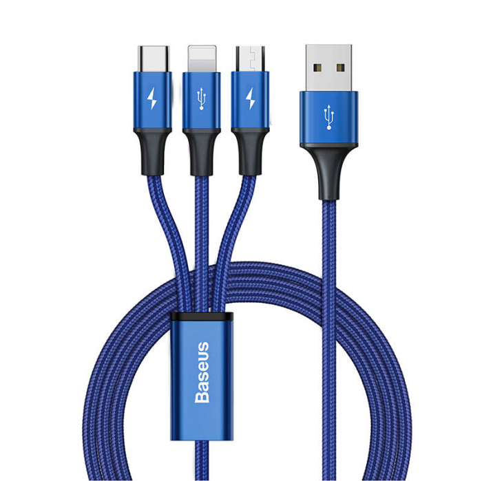 Cablu de date rapid usb baseus 3in1 usb-c lightning micro 20w 1.2m - albastru cajs000003