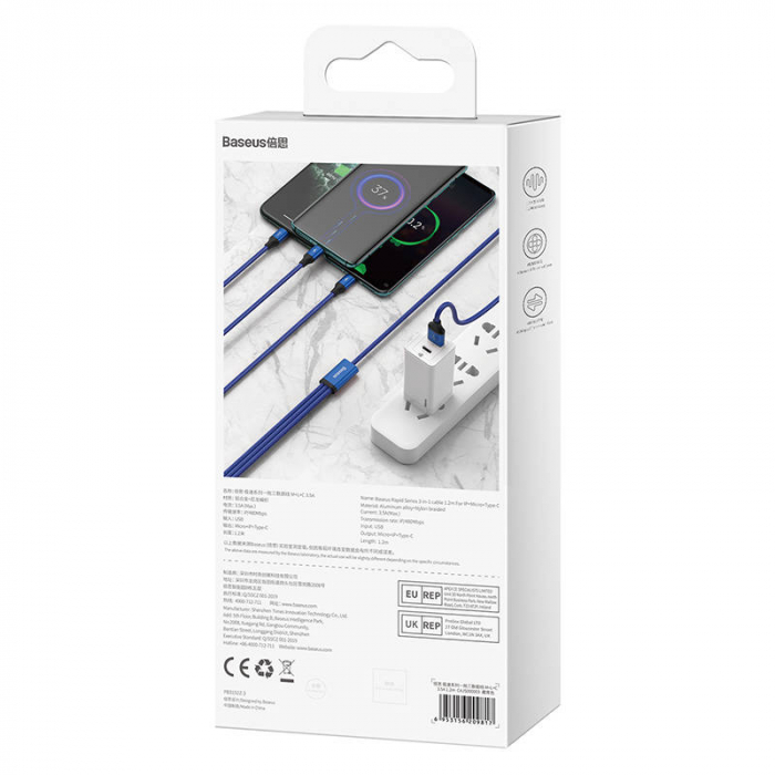 Cablu de date rapid USB BASEUS 3in1 USB-C / Lightning / Micro 20W 1.2m - Albastru CAJS000003 [7]