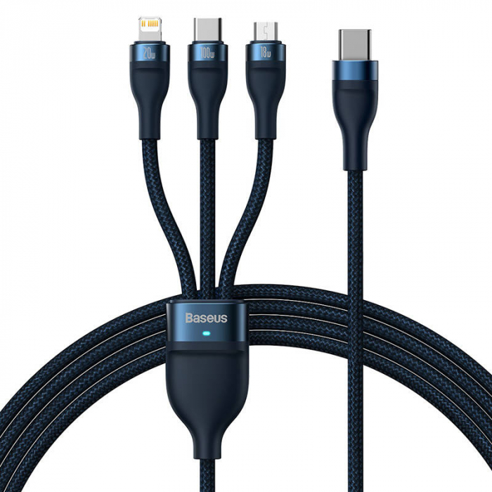 Cablu de date rapid usb-c baseus flash 3in1 usb-c lightning micro 100w 1.5m - albastru cass030203