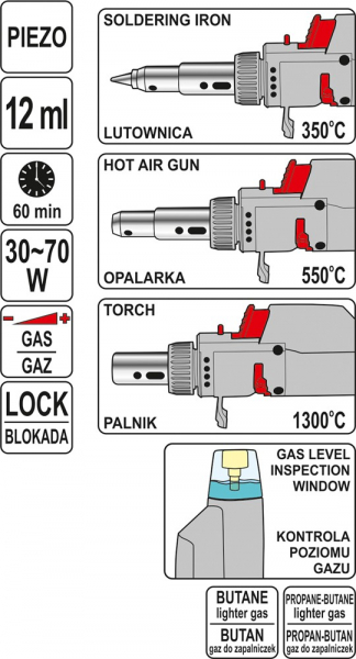 Ciocan de lipit cu gaz YATO, piezo, 12ml, 30 - 70W [4]