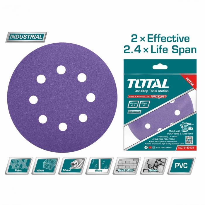 Disc hartie abraziva 150mm 8 gauri TOTAL P40, P60,P80, P120 10buc set