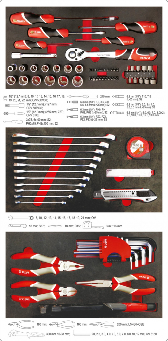 Troler scule profesional YATO echipat, 3 compartimente, 78 scule [12]
