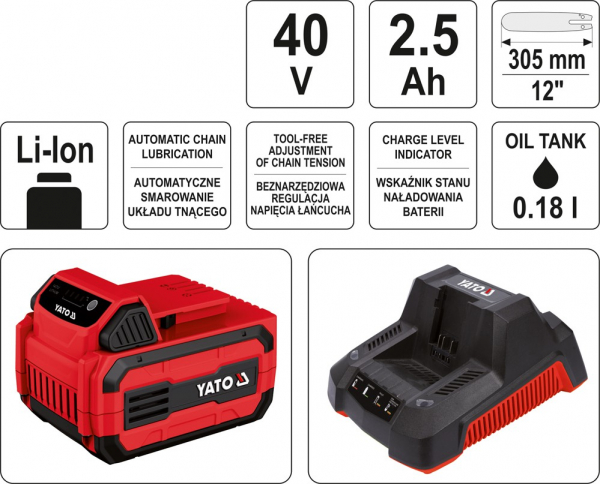 Fierastrau electric cu lant YATO, cu acumulator Li-Ion, 2.5 Ah, 30.5cm, 40V [7]