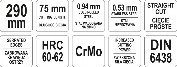 Foarfeca pentru tabla YATO taietura dreapta, lungime totala 290mm max 0.94mm [3]