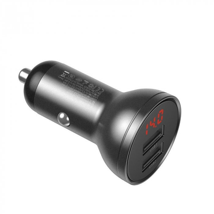 Incarcator auto BASEUS display digital 2x USB 4.8A 24W + cablu de date USB 3in1 (gri) TZCCBX-0G [2]